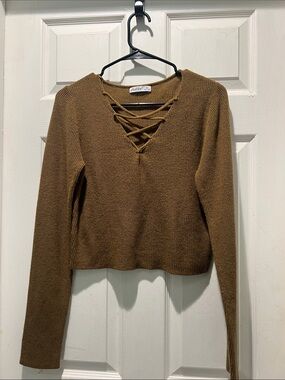 Women’s Lace-Up V-Neck Brown Sweater by Aster